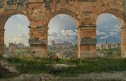 View through three northwest arches of the Colosseum in Rome.Storm gathering over the city (mk09)
